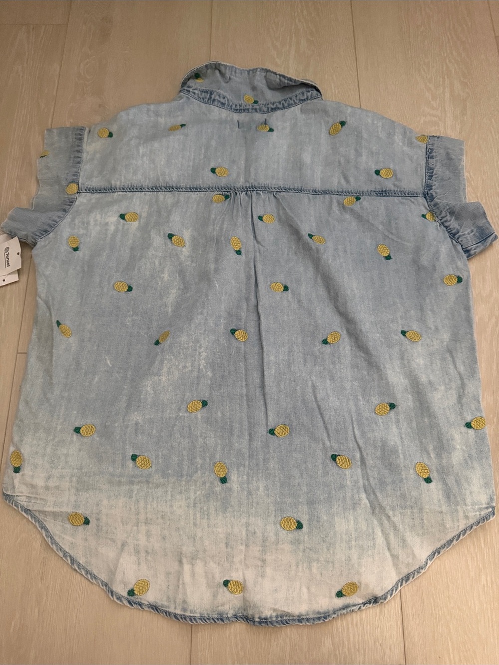 Kensie Light Blue Denim Button-Down Shirt with Yellow Pineapple Embroidery - Picture 8 of 8